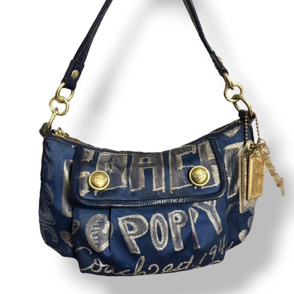 Y2k Coach Poppy Limited Edition Navy‎ Blue Gold Glitter Demi Shoulder Bag 2010